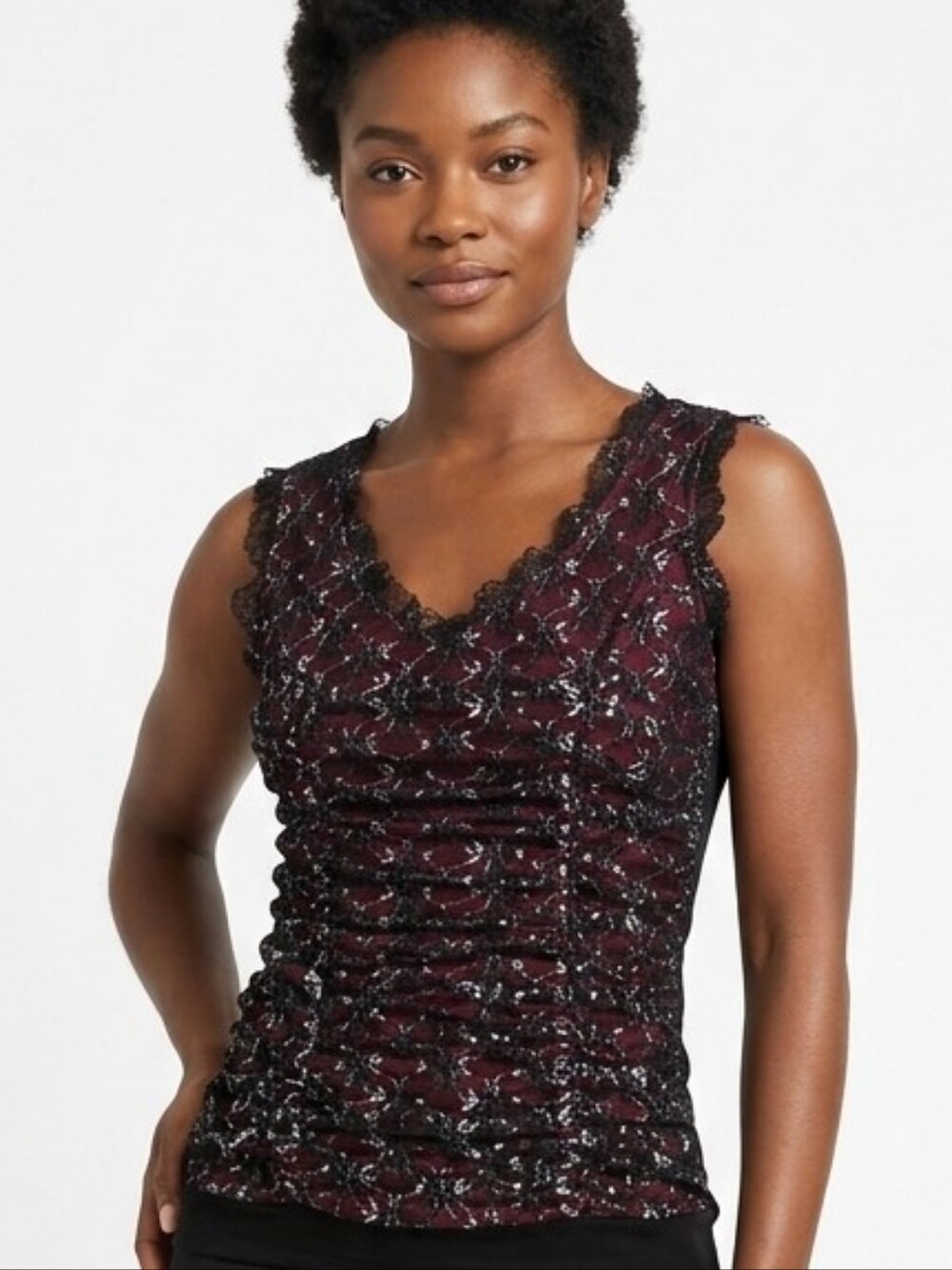 Women's Sleeveless Ruched V-Neck Top in Burgundy